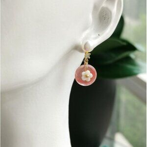 White Freshwater Pearl Rhodochrosite Carved Mother of Pearl Earrings